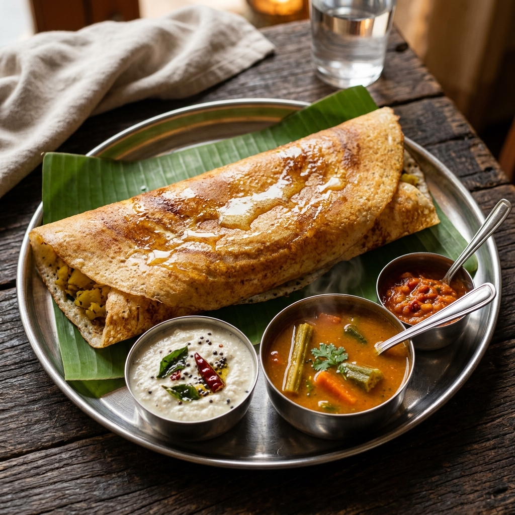 Crispy golden Masala Dosa with chutney and sambar