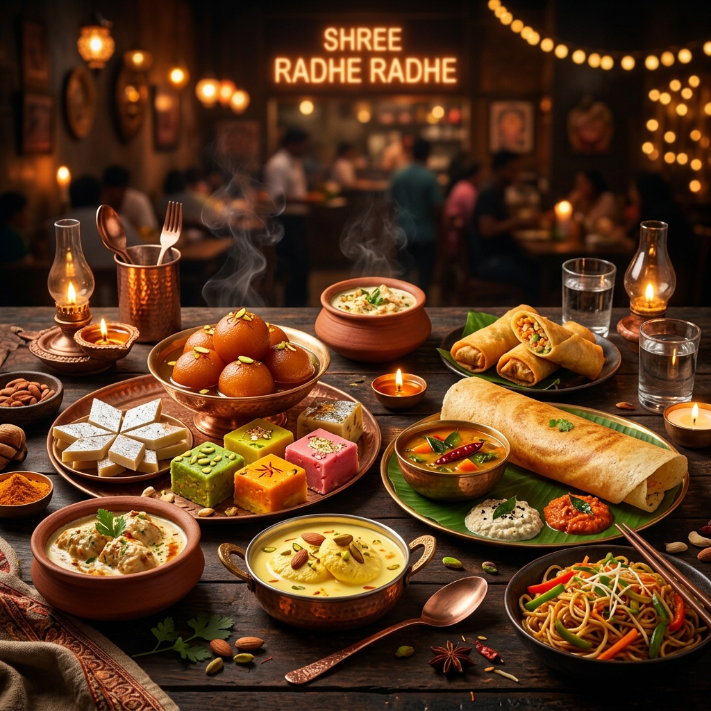 Lavish spread of Indian sweets and food at Shree Radhe Radhe