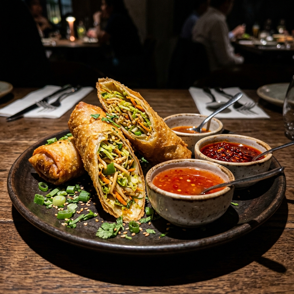 Crispy vegetable spring rolls with schezwan chutney