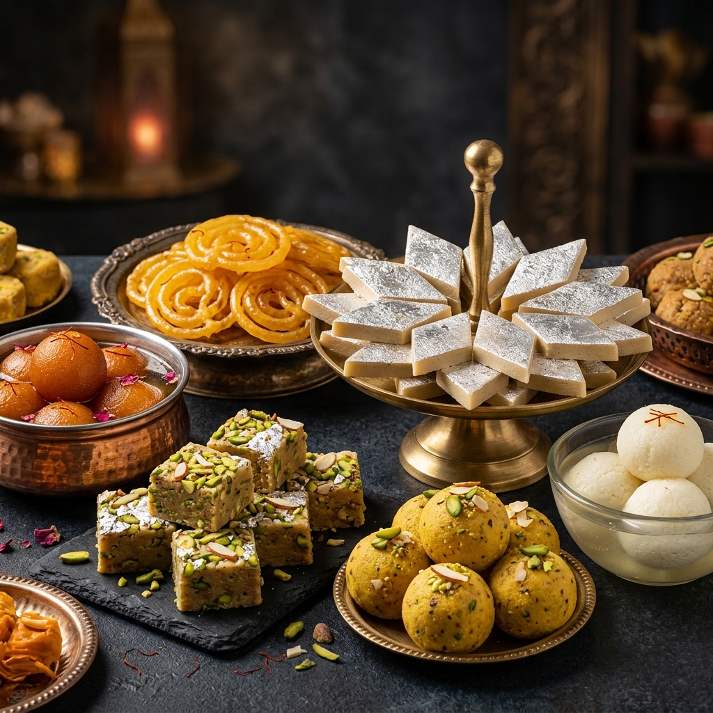 Premium Indian sweets display – Kaju Katli, Barfi, Gulab Jamun
